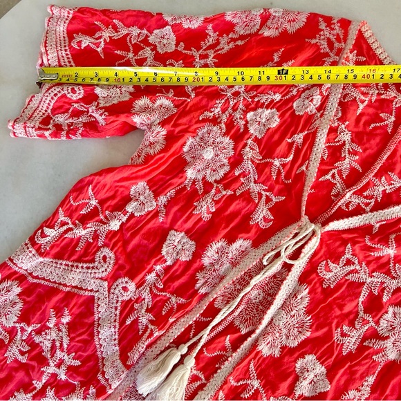 Solitaire Tunic Top Wrap Coral Pink White Embroidered Bohemian Boho Chic Coverup - Picture 7 of 7